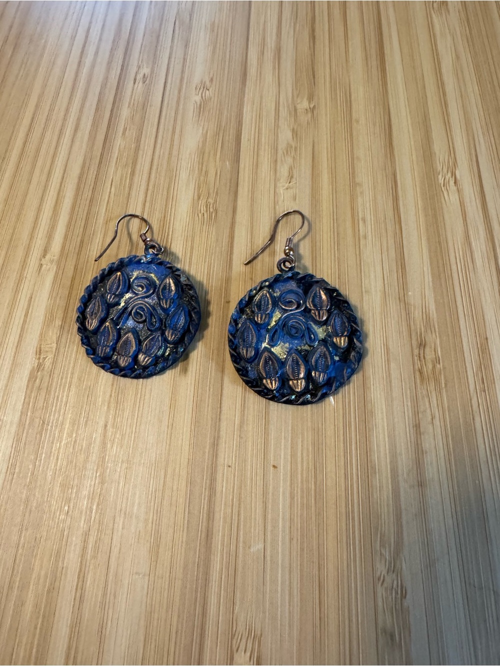 NWOT Handcrafted Blue and Gold Round Drop Earrings